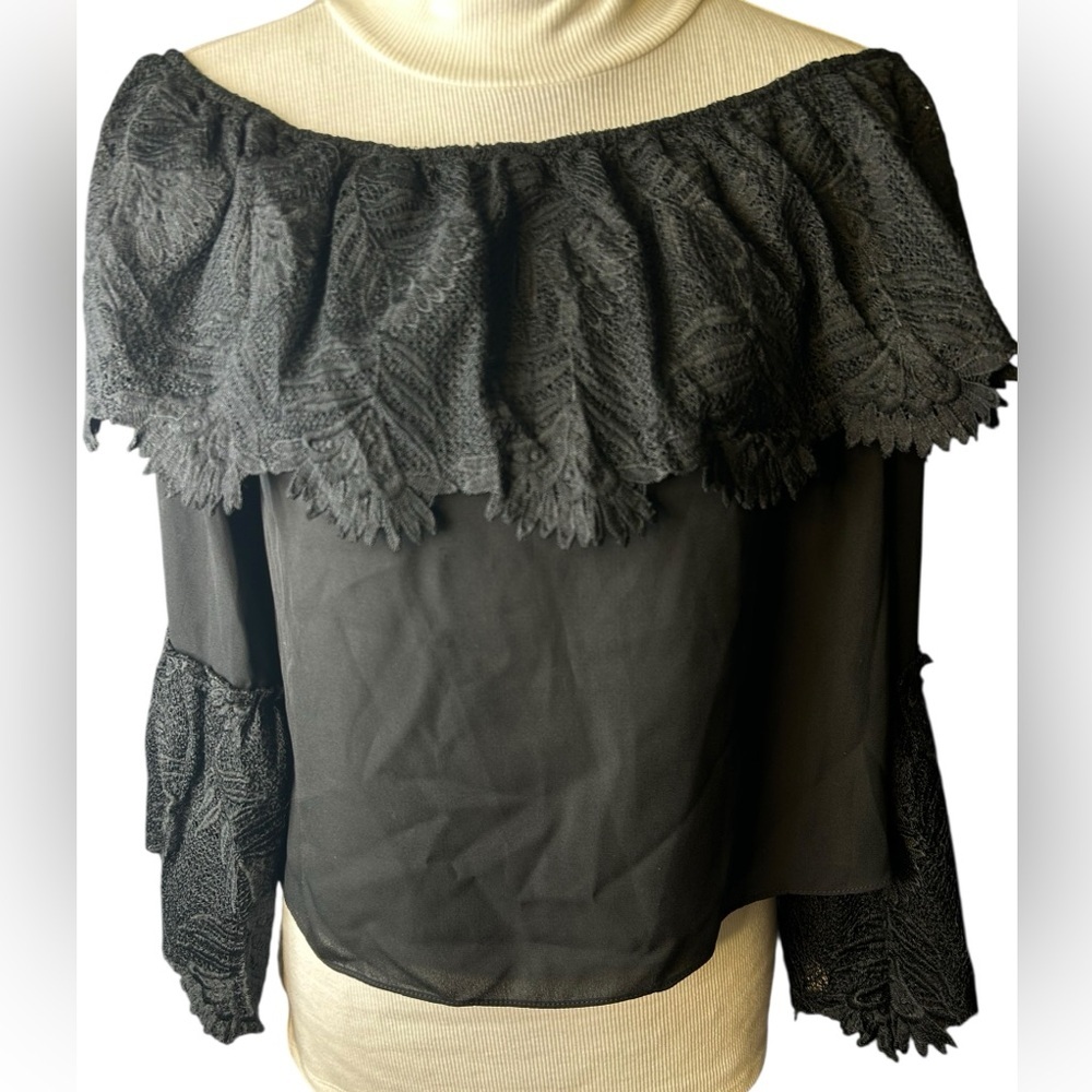 Allison New York Anthropologie Smocked Lace Crop Top Shirt Bell Sleeve Small